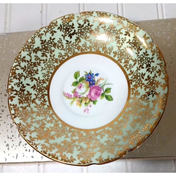 STANLEY ENGLAND QUEEN ANNE TEA CUP TEACUP SAUCER  MINT GREEN ROSE 24K GOLD - Picture 7 of 8